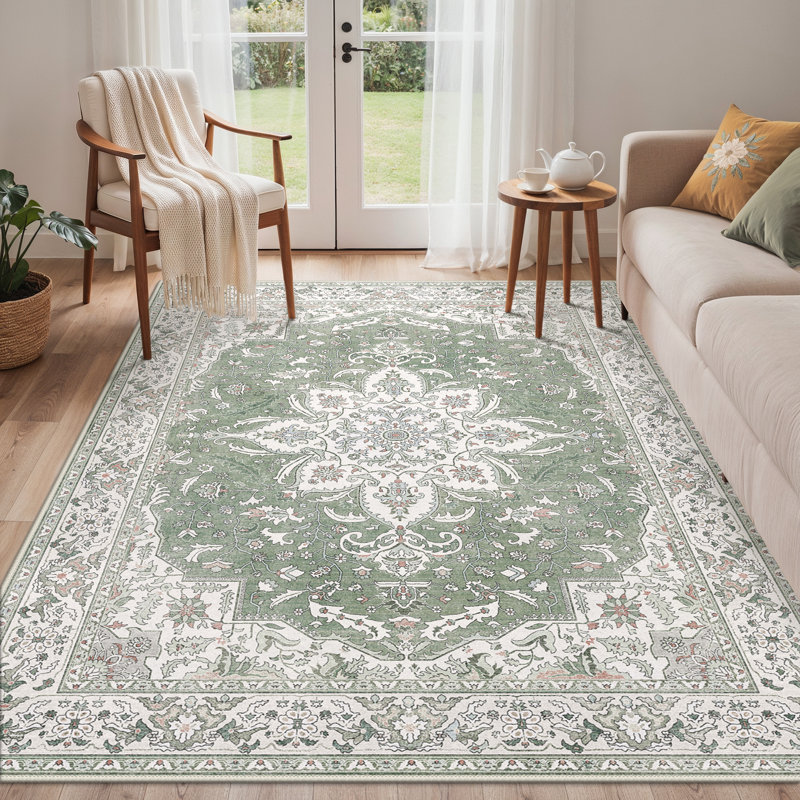 Tapis oriental beige sauge Roehit, lavable à la machine avec envers antidérapant, Rectangle 9 pi x 12 pi