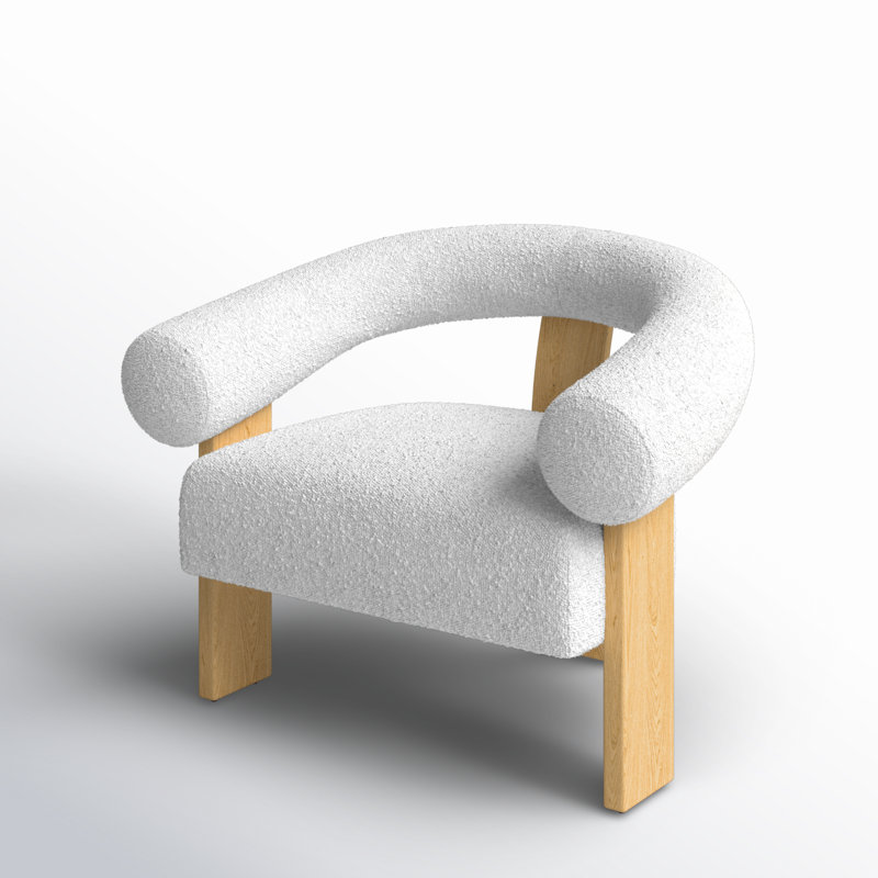 Chaise rembourrée moderne à dossier courbé, Ivoire / chêne 100% lin, Chêne brun
