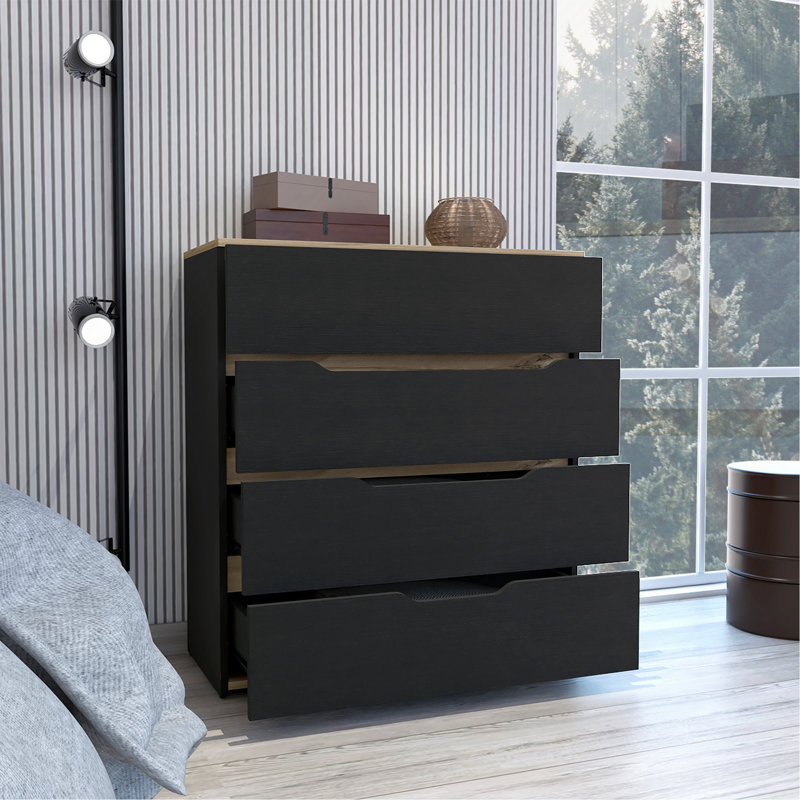 Commode 4 tiroirs Lynbrook - Wengue noir et chêne clair, Noir
