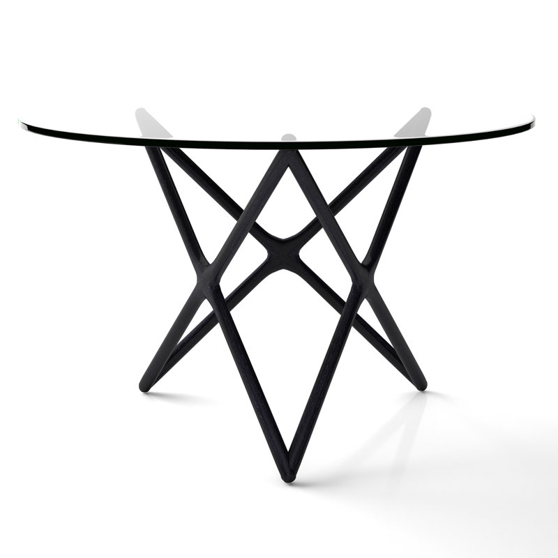 Lark Round Glass Top Solid Wood Base Dining Table, Black