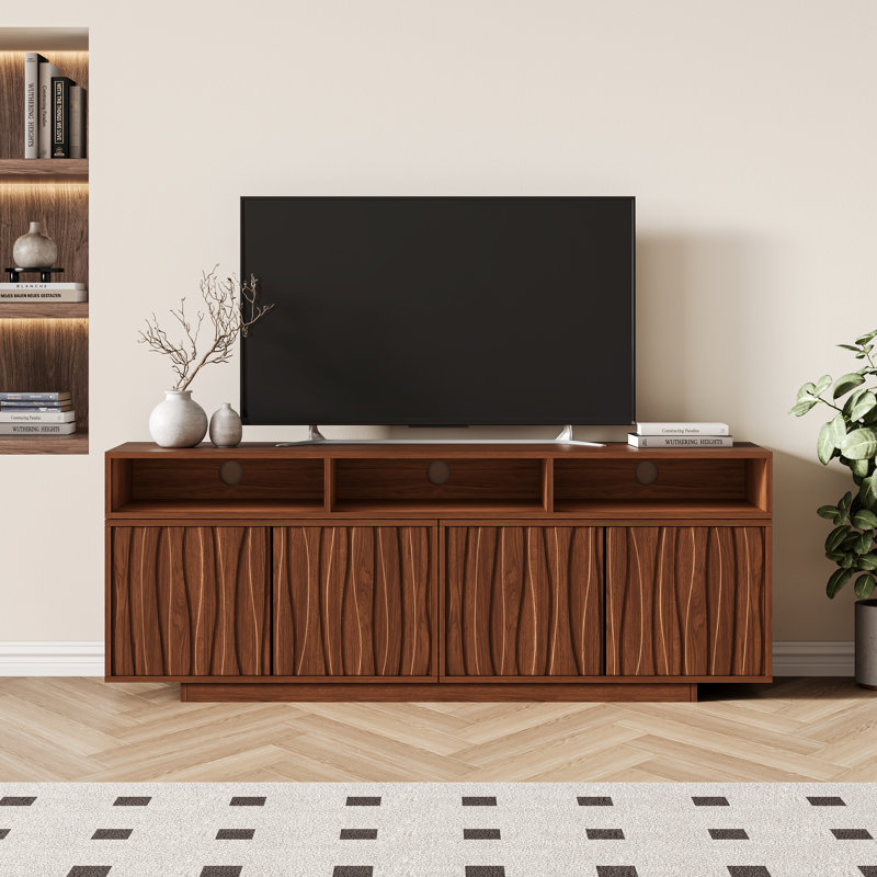 62.9-98.4 inch Walnut Finish Expandable TV Stand For 75/85/95/100 inch TVs, Wooden Brown Retractable Media Console Table for Living Room Bedroom, Mid Century Modern Entertainment Center with Storage and Carved Geometric