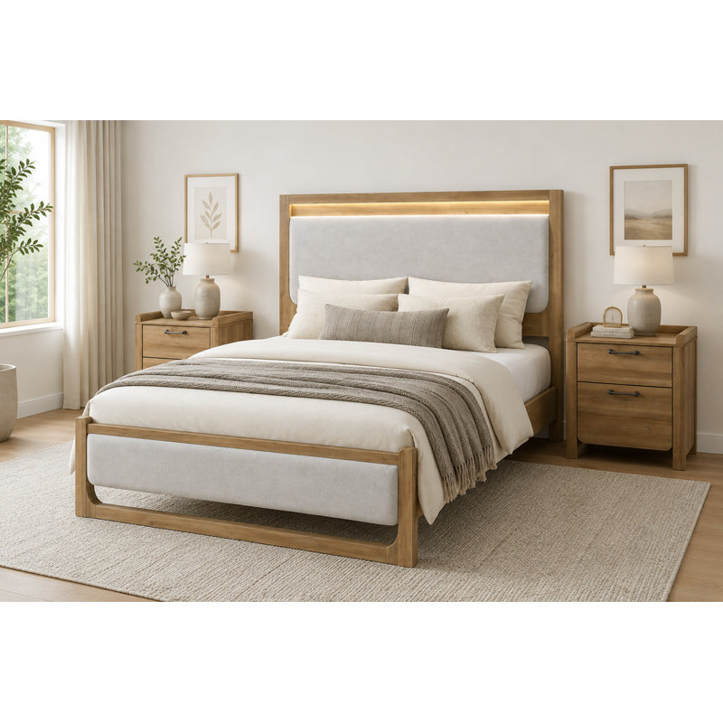 Ensemble de chambre à coucher 3 pièces - Lit transitionnel avec tête de lit tapissier à DEL et 2 tables de chevet, finition chêne naturel