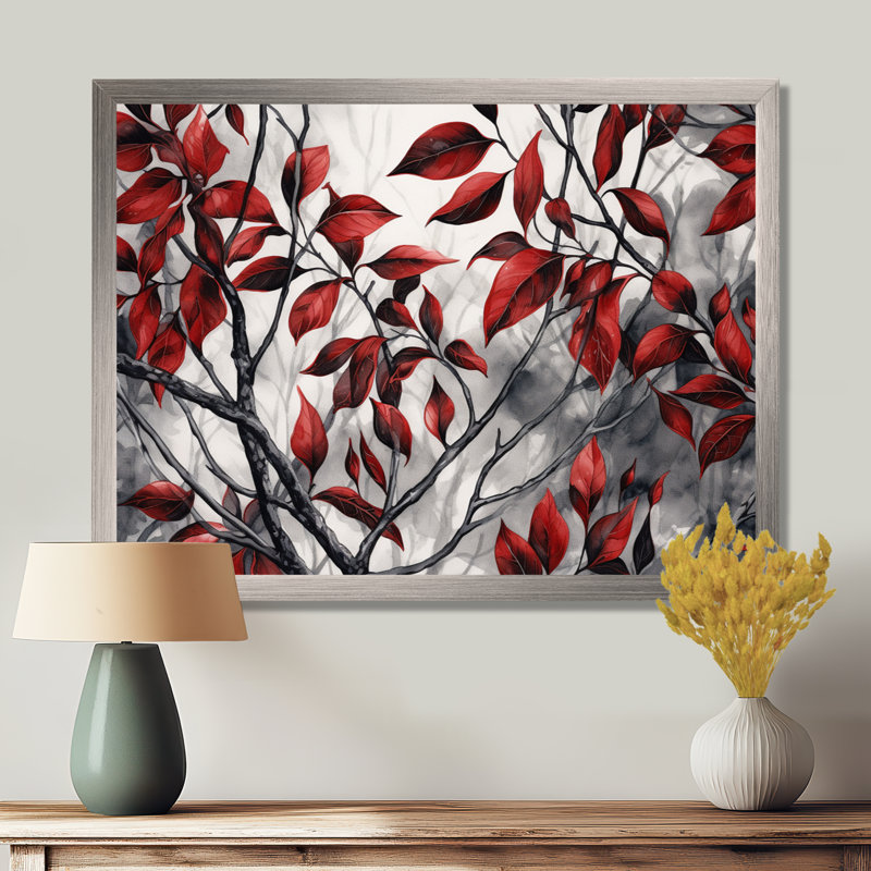 Imprimé de feuilles rouges et grises sur un arbre VI, H 30 po x l 40 po x P 1,5 po, Encadrement argenté