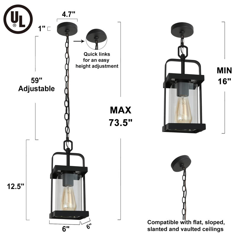 Luminaire suspendu d'extérieur noir 1 lumière H 12,5 po Kostuch