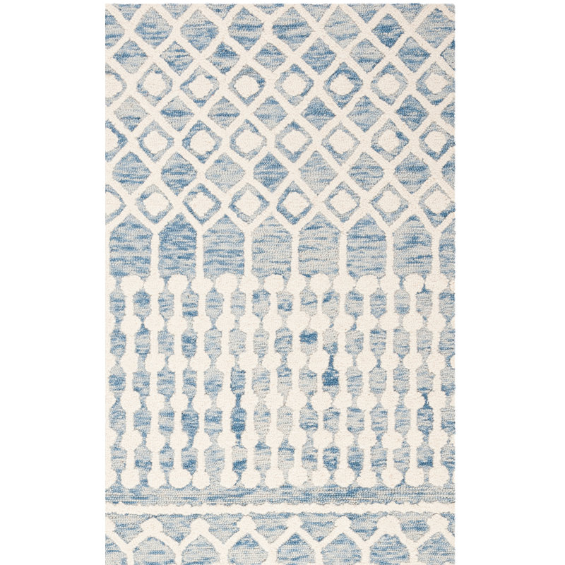 Tapis bleu / ivoire en laine tissé à plat à la main Jeannine, Rectangle 4 pi x 6 pi