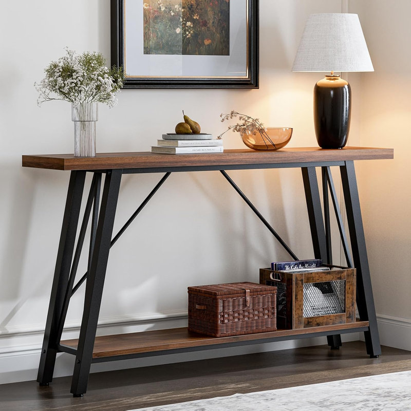 Console industrielle avec tablette de rangement, table de canapé rustique derrière le canapé, table d'appoint d'entrée, table de présentation de couloir pour le salon, brun rustique