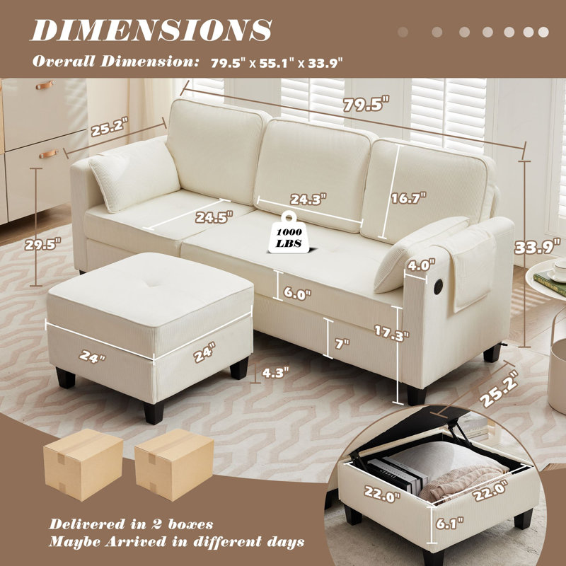 Convertible Sectional Couche,Small Space Couches L-Shaped Sofa W/Storage Chaise, USB Ports, Side Pockets and Pillows for Living Room