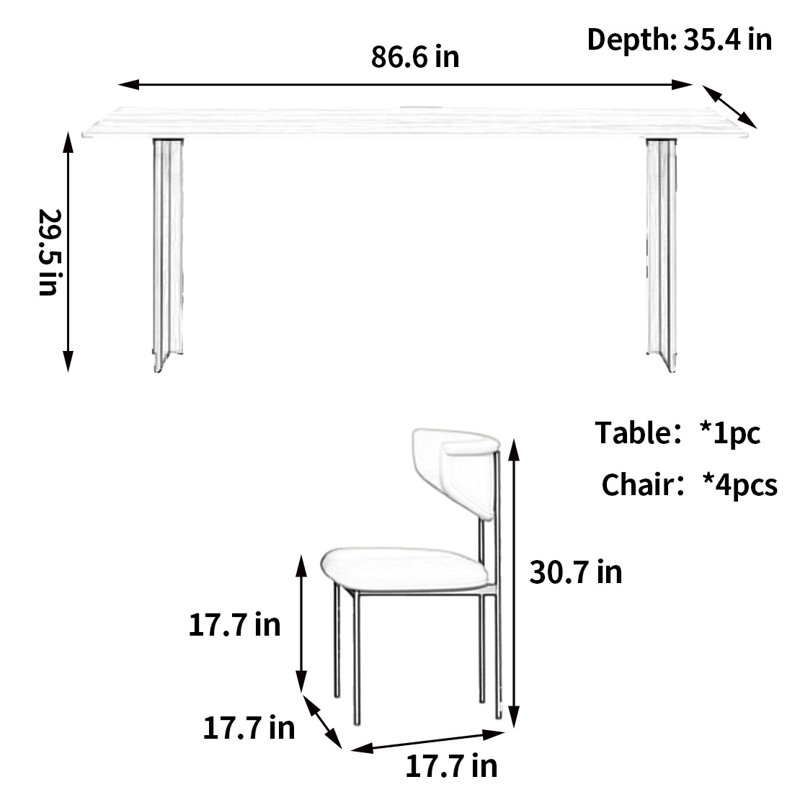 Table et chaises de style moderne, H 29,5 po x L 86,6 po x l 35,4 po