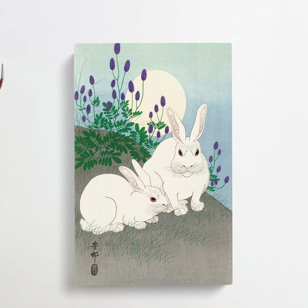 Rabbits At Full Moon by Ohara Koson - Wrapped Canvas