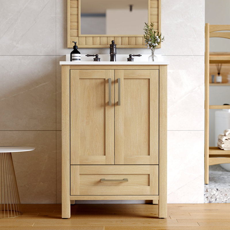 Meuble-lavabo 24 po avec comptoir en pierre reconstituée blanche, dosseret et lavabo en céramique Bombay, Chêne clair