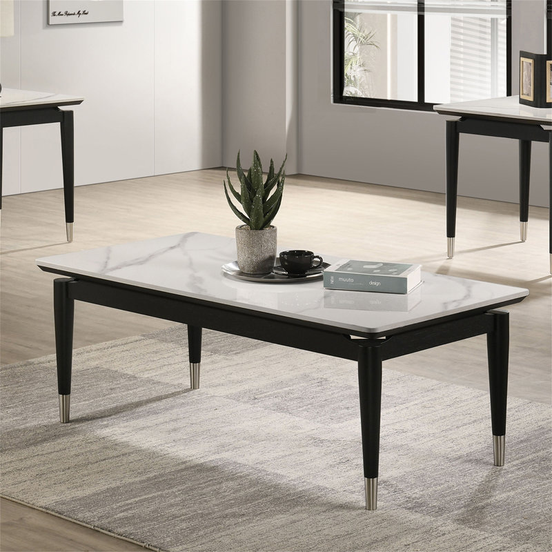 Table basse style contemporain de 1 pièce avec plateau en pierre frittée et pieds fléchés argentés avec finition noire et blanche (table incluse seulement)
