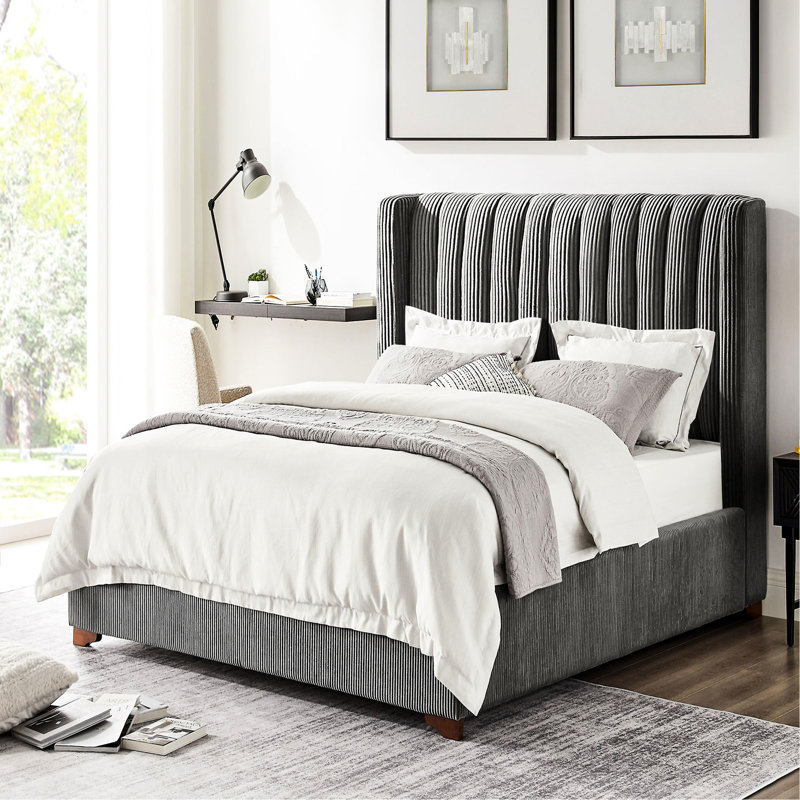 Twin Size Bed Frame With Corduroy Headboard And Wooden Slats, No Box Spring Required, Dark Grey Appearance Modern Stable Spring, Accent