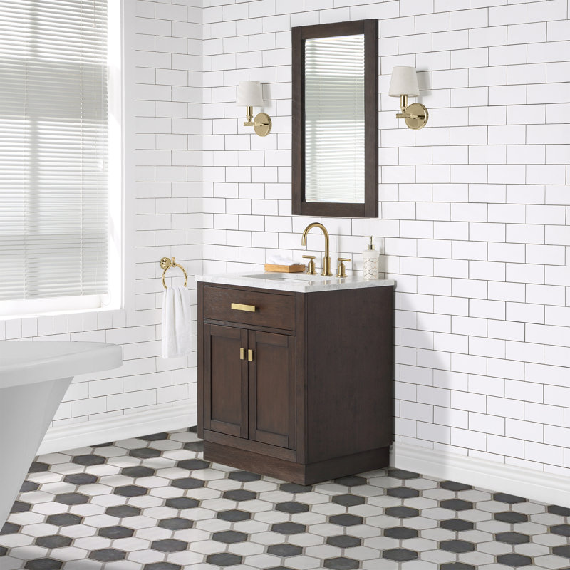 Chestnut 30" Carrara White Marble Countertop Bath Vanity with Mirror, Brown Oak
