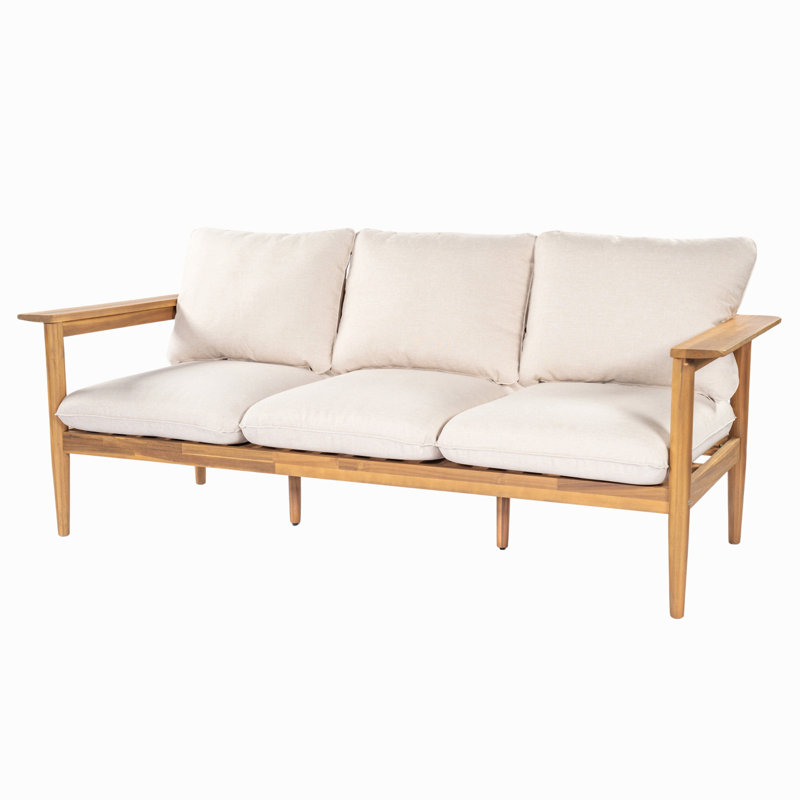 Outdoor Acacia Wood 3 Seater Sofa, Light Teak Finish With Beige Cushion