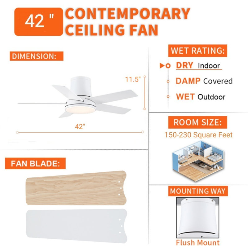 Cryise 42" Indoor Matte White Flush Mount Ceiling Fan With LED Light, Remote Control And 5 Two-Tone Blades, 260 RPM, 42" Wide
