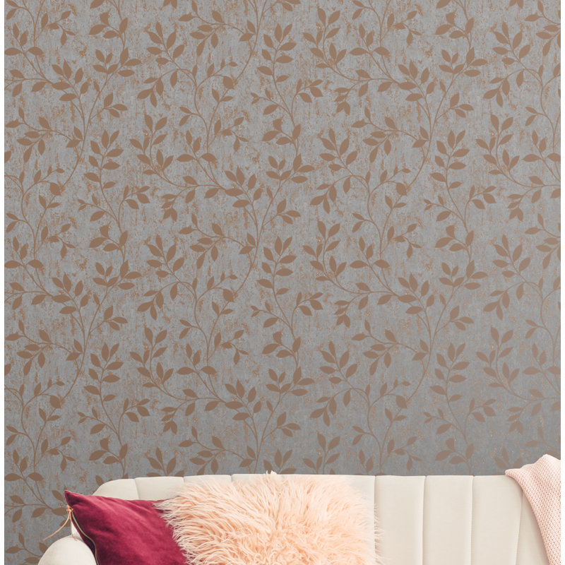 Milan Floral Vinyl Metallic Wallpaper Roll, Rose Gold