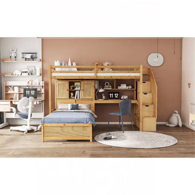 Lit mezzanine simple au-dessus de simple avec bureau intégré et escalier