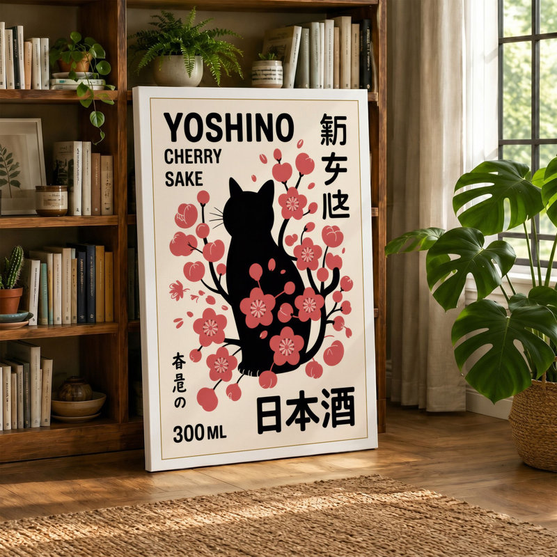 Cherry Blossom Cat Japandi - Wrapped Canvas, 18x12 - 45.7 x 30.5 cm, Sage Border