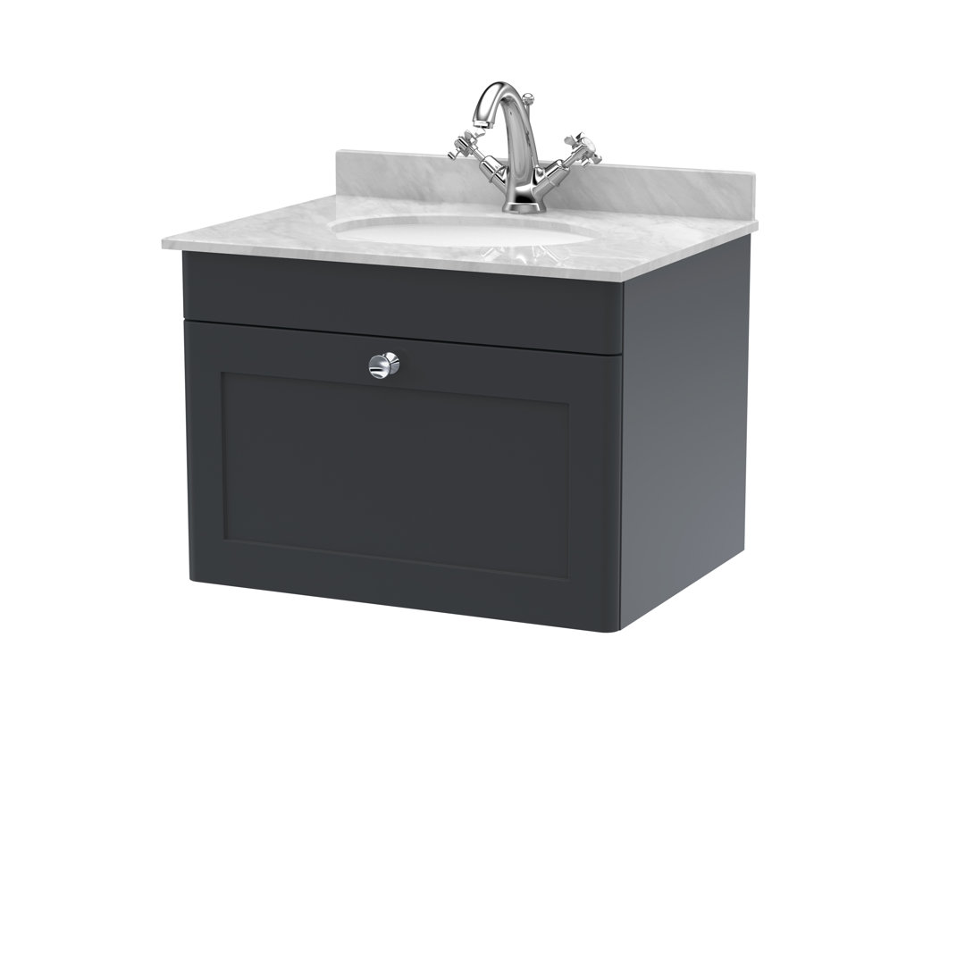 nuie Classique 600mm Wall Hung Unit - Soft Black and Grey - Single Drawer - Marble Basin - Image 3