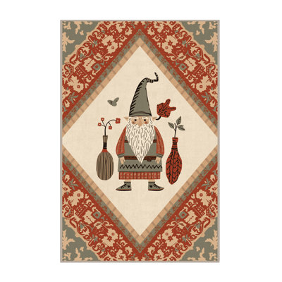Machine Washable Ulster Domovoi Cottage Americana Block Print Rug in Beige – Beige Binding
