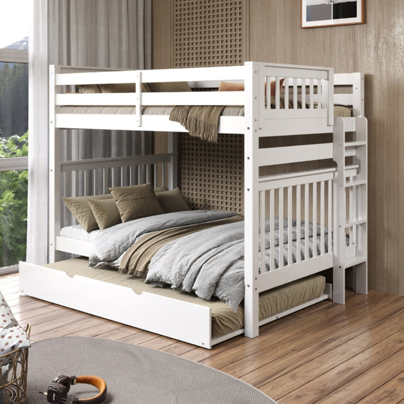 Treva Solid Wood Standard Bunk Beds Full over Full, 4 Step Ladder, Full Trundle, White, White