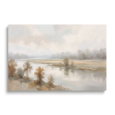 Tableau multicolore sur toile représentant un paysage arboré au bord d'une rivière, œuvre d'art mural pictural pour le salon, la salle à manger et la chambre.