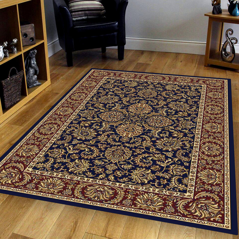 Traditional Oriental Floral Navy Blue Area Rug , Rectangle 7'9" x 9'6"