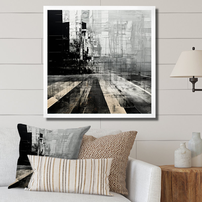 Paysage urbain noir et blanc - art mural, Cadre simple blanc, H 24 po x l 24 po x P 1 po