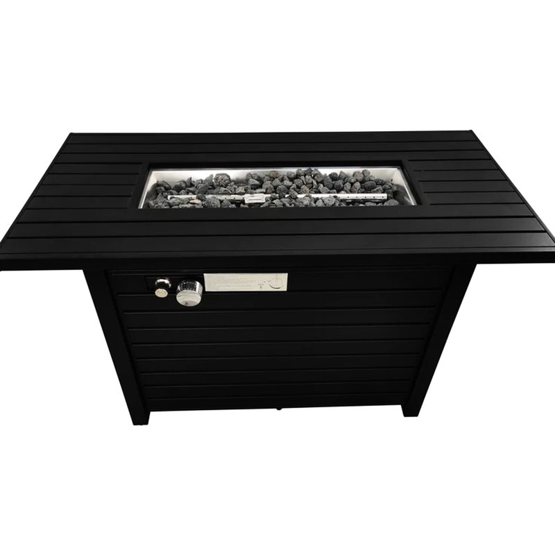 42" W Steel Outdoor Fire Pit Table With Lid, 25" H, Black, Modern, Adjustable Flame, Stainless Correct Area