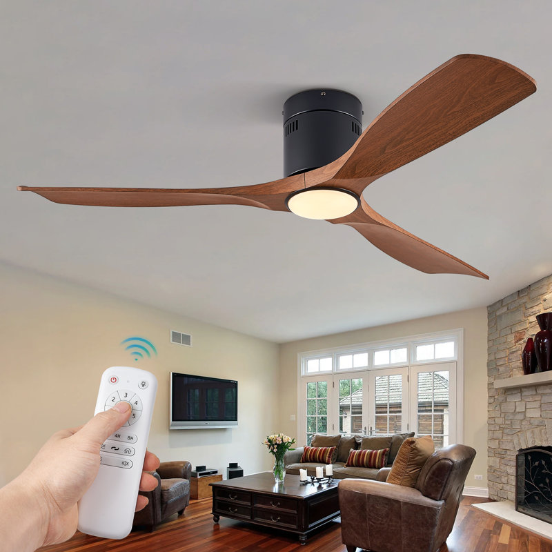 52" 3 - Blade Standard Ceiling Fan With Remote Control And LED Light, Silent Breeze For All Seasons, Walnut, Black