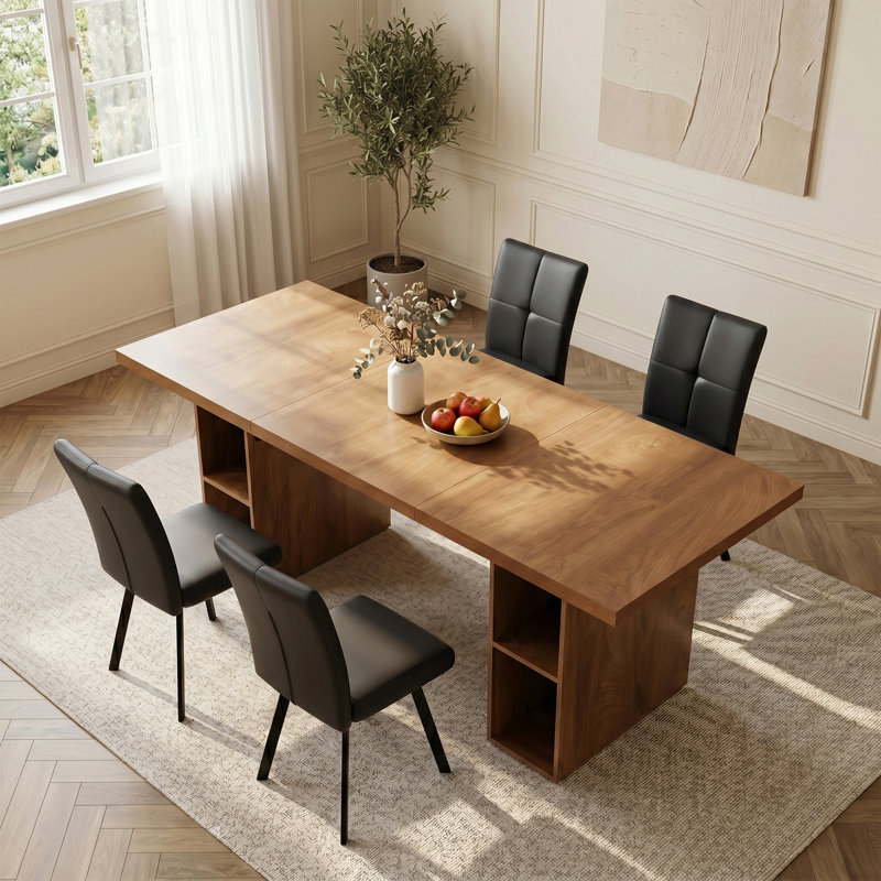 Ensemble de table et de chaises rectangulaires 4 places de style milieu du siècle, 180 cm (70,8 po), en MDF imitation chêne avec étagères de rangement latérales ouvertes.