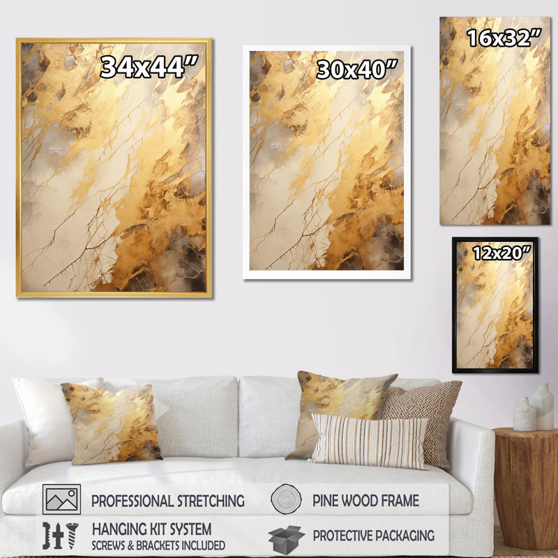 «Beige and Gold Marble Lightning V», reproduction sur toile, H 32 po x l 16 po x P 1 po, Cadre doré simple