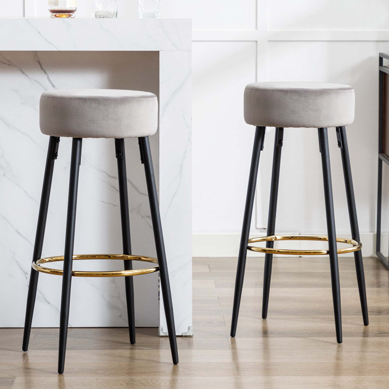 Modern Velvet Bar Stool with Gold Footrest and Black Metal Legs, Counter Height Kitchen Stool, Grey
