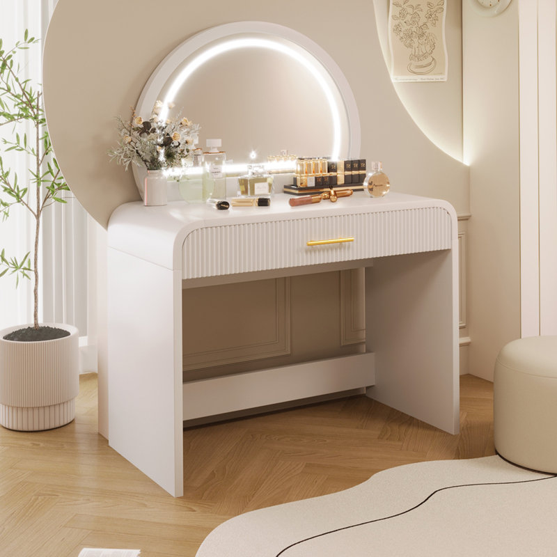 Table de coiffeuse 39 "avec miroir et miroir à écran tactile, coiffeuse avec tiroir pour chambre à coucher, Blanc