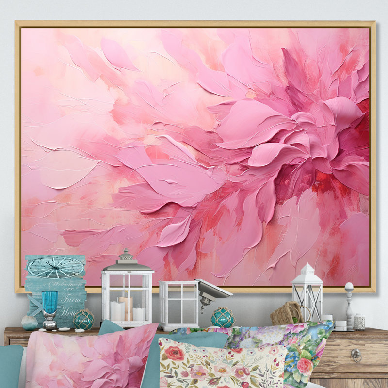 Or et rose, rivière abstraite minimale - art mural Fuschia, Cadre naturel flottant, H 16 po x l 32 po x P 1 po