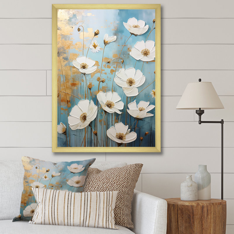 Minimalisme bleu blanc Buttercups I - Buttercups, reproduction sur toile, H 20 po x l 12 po x P 1 po, Cadre doré simple