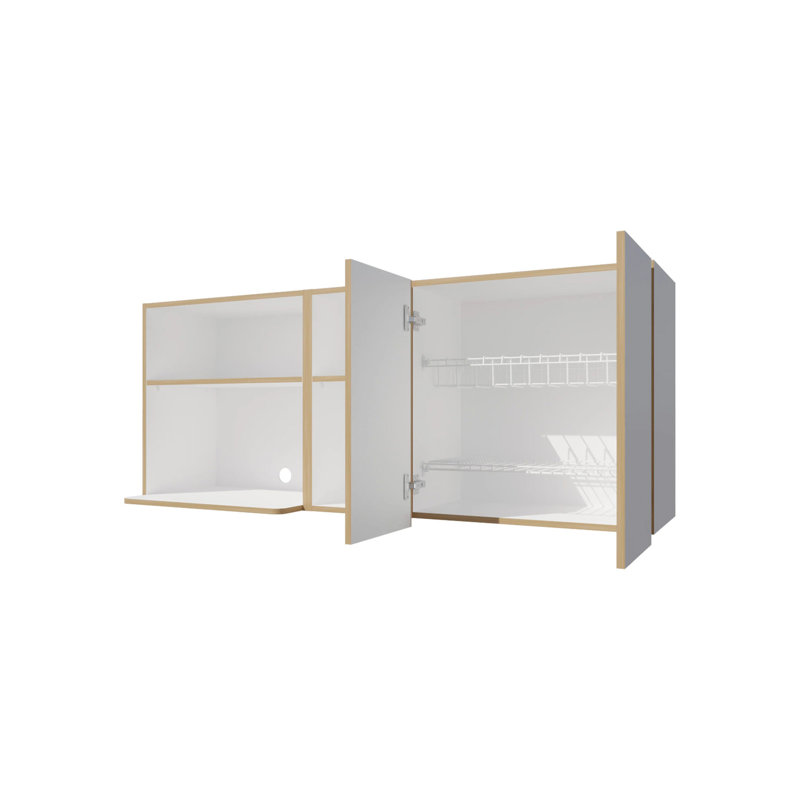 Armoire de cuisine en chêne naturel et blanc avec espace pour micro-ondes et tablette ouverte