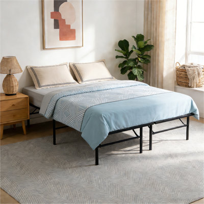 Queen Metal Platform Folding Bed Frame 14 Inch High   Queen Size Box Spring Replacement Heavy Duty Steel Slat  Easy Assembly Under-Bed Storage,Black