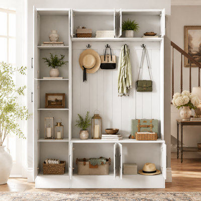 Modern Minimalist White Entryway Coat Rack — Integrated Shoe Cabinet & Bench Combo — 6 Cabinets, 4 Hooks, And Adjustable Shelves — Versatile For Hallways And Living Rooms
