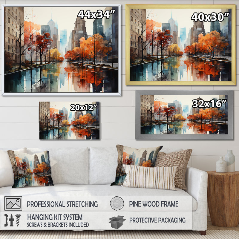 Automne, brise de New York 1 - impressions sur toile New York, Cadre flottant doré, H 12 po x l 20 po x P 1 po