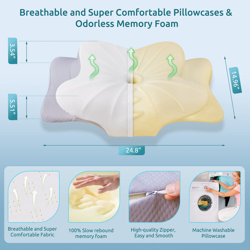 Coussin cervical pour le cou et les épaules, coussin en mousse à mémoire de forme, coussin de soutien du cou ergonomique pour ceux qui dorment sur le dos avec taie d'oreiller