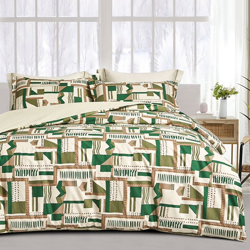 SLEEPBELLA Comforter King Size, 600 Thread Count Cotton White Printed With Green & Brown Geometric Comforter Set, Down Alternative Bedding Set 3Pcs(King, Green Geometric)