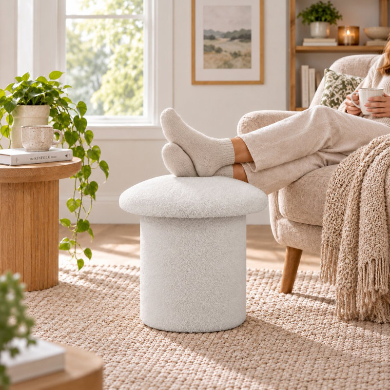 Pouf rembourré ottoman en forme de champignon de 44,5 cm avec tissu doux effet peluche pour salon et chambre à coucher