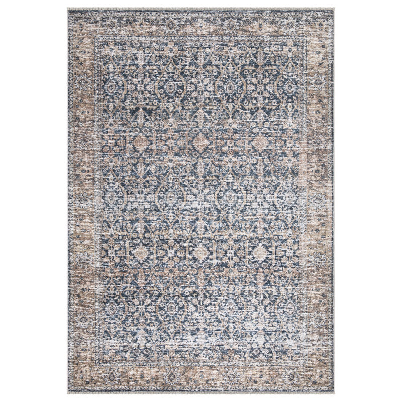 Washable Non-Slip 9x12 Rug - Dark Blue / Tan Traditional Oriental Area Rug, Rectangle 9' x 12'