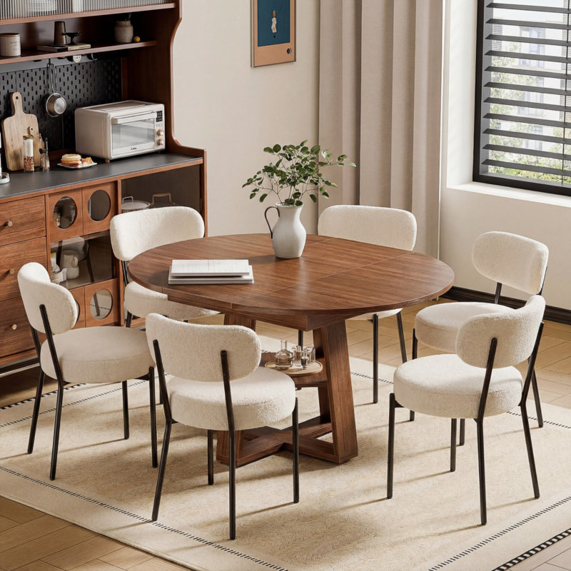 Table de salle à manger extensible et chaises, table de cuisine moderne avec sièges, Brun, 7 pièces : table, 6 chaises, Beige