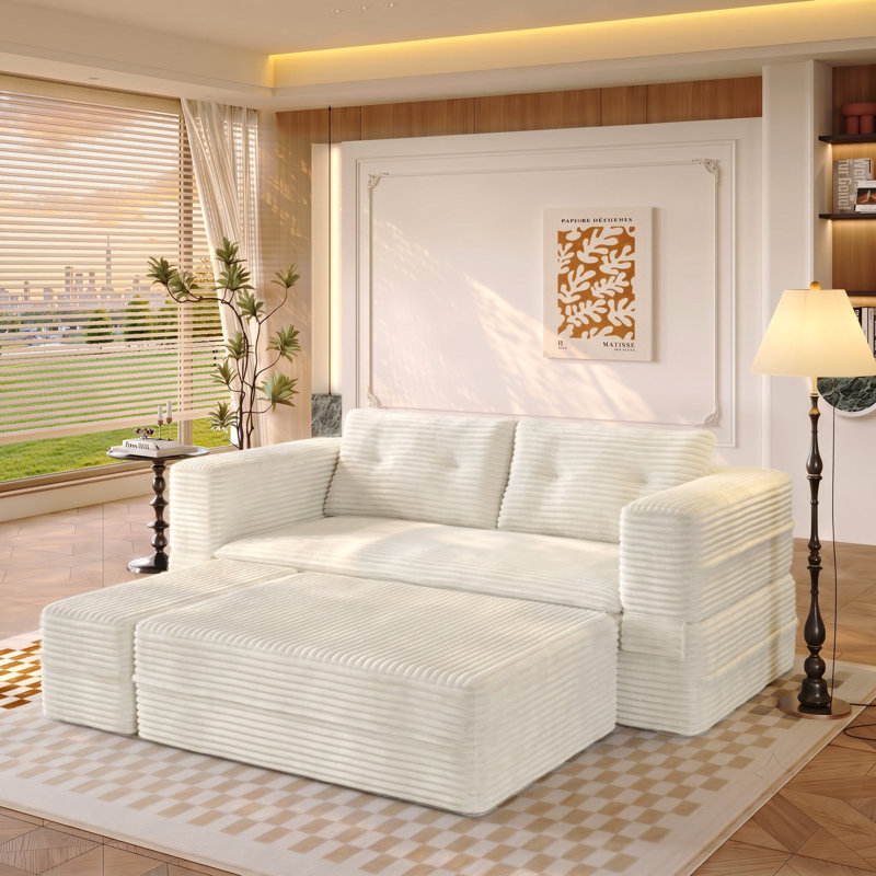 Canapé-lit modulaire en velours côtelé 80 po avec méridienne et couverture, Beige