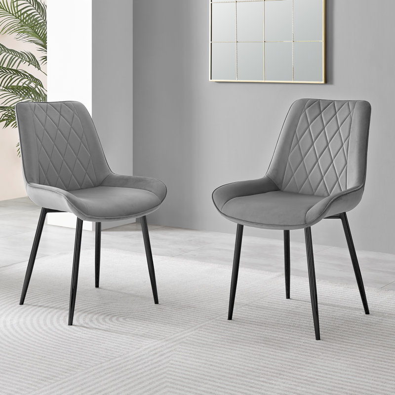 Simsbury Velvet Modern Upholstered Quilt Stitched Tapered Metal Leg Luxury Dining Chairs, Gray, Black