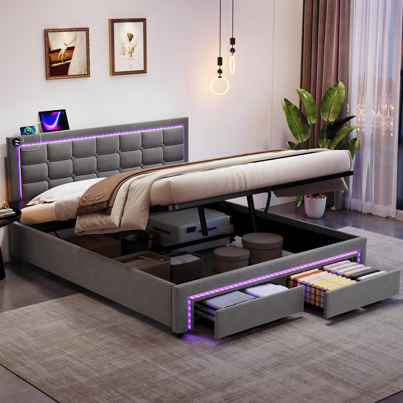 Ottoman Bed With Led And Usb Linen Grey, King (155 x 207 cm)