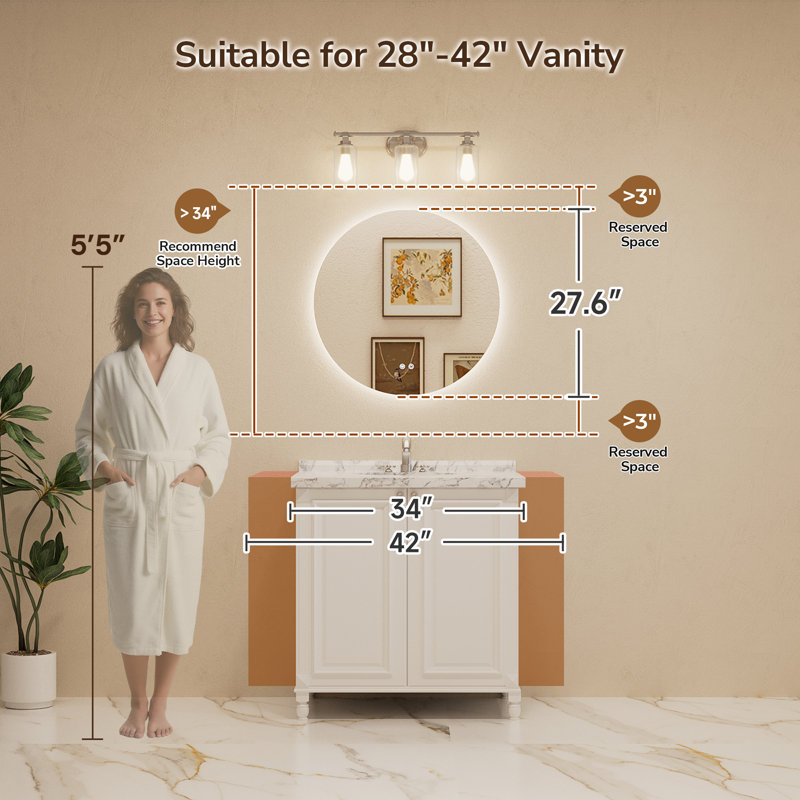 Miroir rond de salle de bain rétro éclairé sans cadre Adorna, 28 po x 28 po