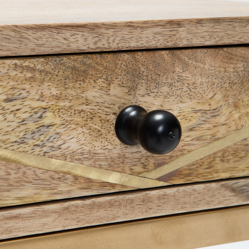 Sidney Beige Mango Wood and Gold Metal Storage Side Table